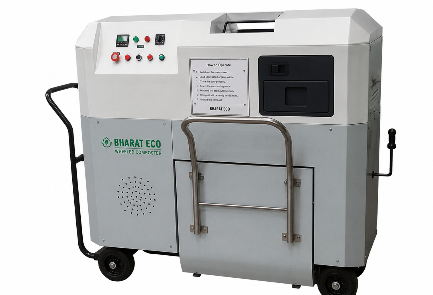 Bharat Eco semi-automatic composting machine, wheeled stainless steel unit